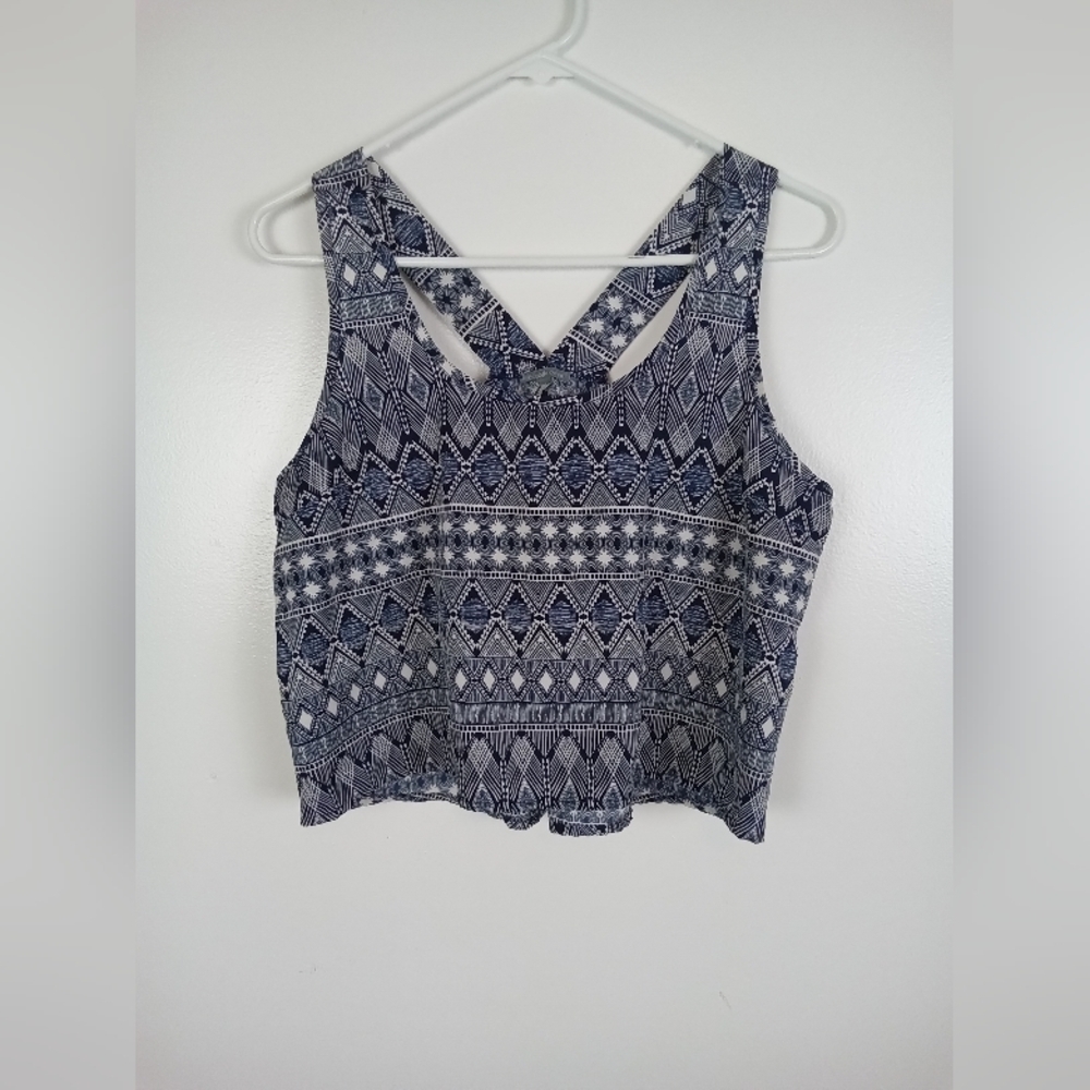 Charlotte Russe Batik Navy Blue White Viscose Crop Top - Large Junior